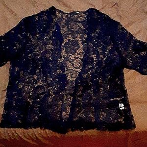 3/$30 Macrame navy sweater, open front